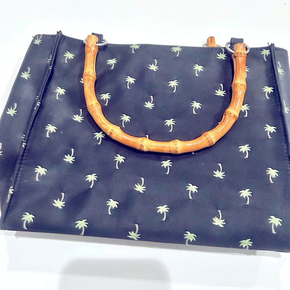 Sunny Hawaii Palm Tree Print Tote Bag with Bamboo Handles
